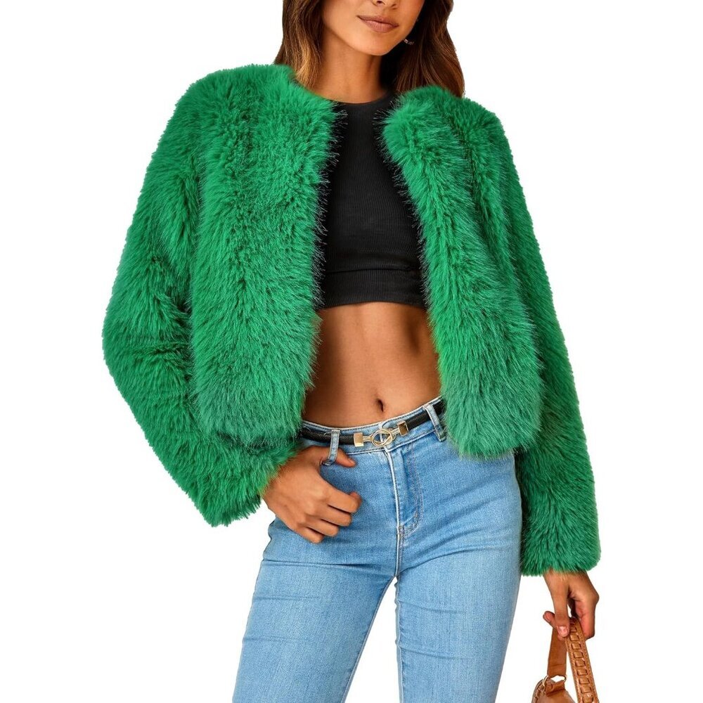 〽️Women's Green PRETTYGARDEN Winter Cropped Faux Fur Warm Outerwear Jacket